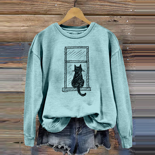 Lovely Simple Cat Art Print Vintage Cozy Sweatshirt elevenforest