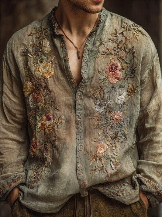 Men's Vintage Boho Floral Embroidered Dyed Linen Shirt artswardrobe