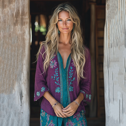 Retro Boho Tribal Floral Embroidery Print Cotton And Linen Blend Loose Blouse artswardrobe