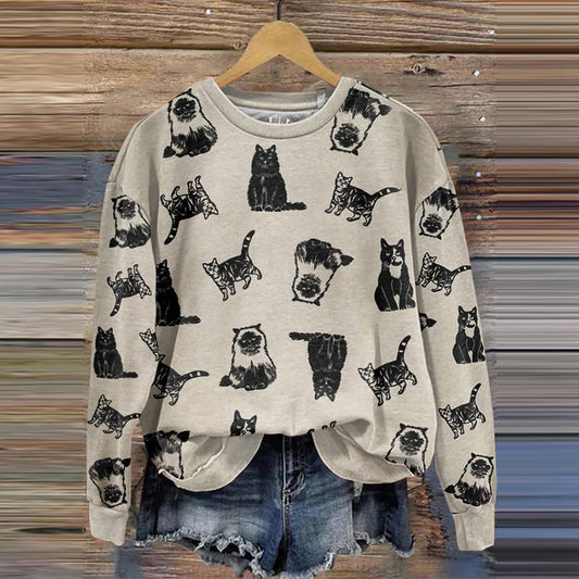 Comstylish All Over Cats Art Print Crew Neck Casual Sweatshirt