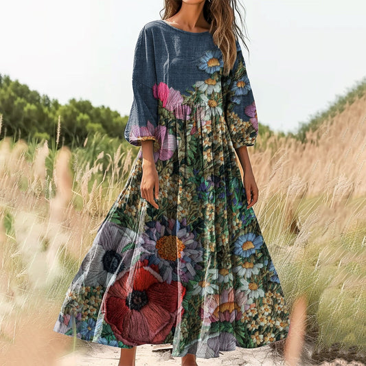 Women's Floral Art Print Cotton Crew Neck Dress