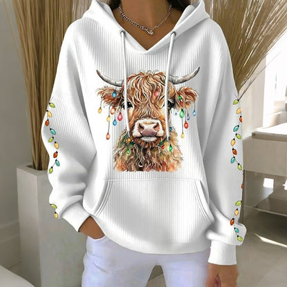 Comstylish Women's Christmas Highland Cow Print Casual Hoodie