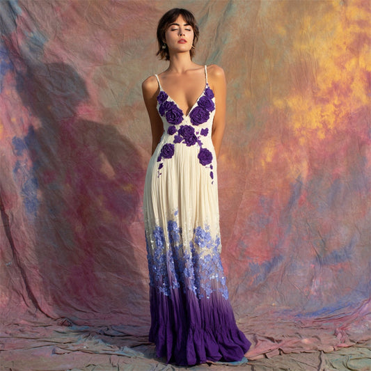 Elegant Boho Floral Sequin Embroidery Women's Spaghetti Strap Maxi Dress artswardrobe