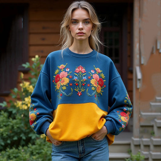 Comstylish Ukraine Floral Embroidered Crew Neck Sweatshirt
