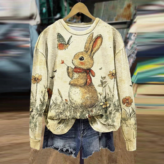 Comstylish Vintage Floral Rabbit Print Easter Sweatshirt