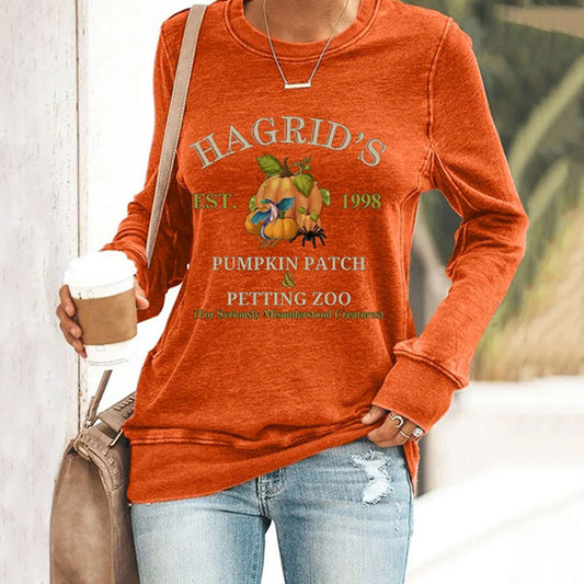 Women's Halloween Hagrid's Pumpkin Patch Print Long Sleeve Sweatshirt artswardrobe