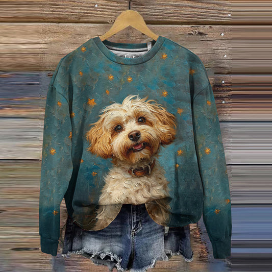 Comstylish Vintage Happy Dog Painting Art Long Sleeve Sweatshirt