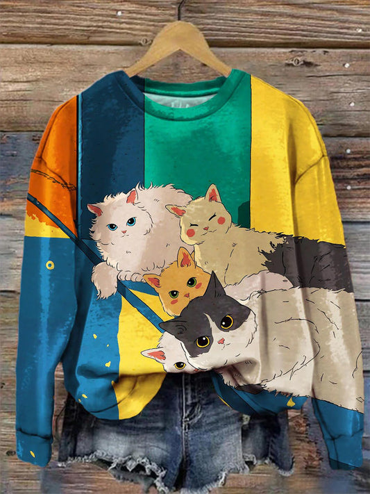 Comstylish Women's Cat Rainbow Print Long Sleeve Top