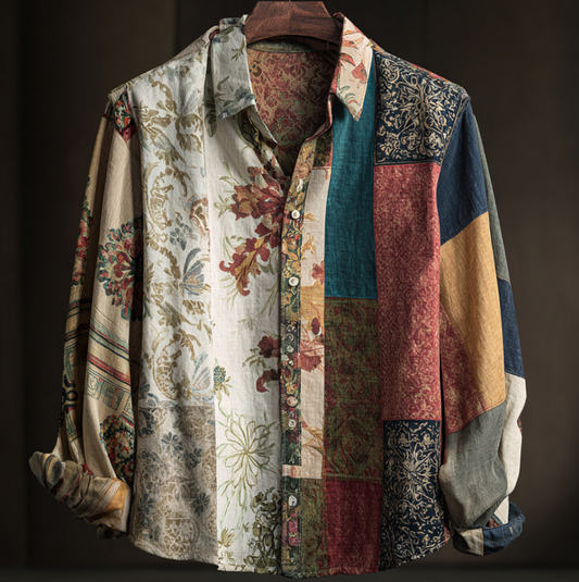 Western Style Bohemian Plant Flower Pattern Color Block Patchwork Retro Cotton And Linen Men's Shirt artswardrobe