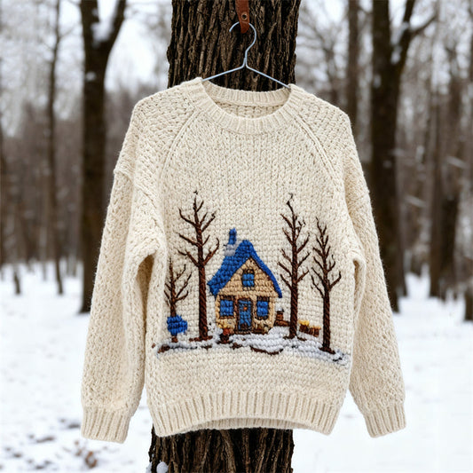 Comstylish Vintage Snowy Forest Cottage Crochet Cozy Knit Sweater