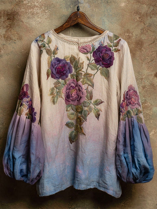 Boho Romantic Floral Embroidery Gradient Women's Linen Loose Shirt artswardrobe