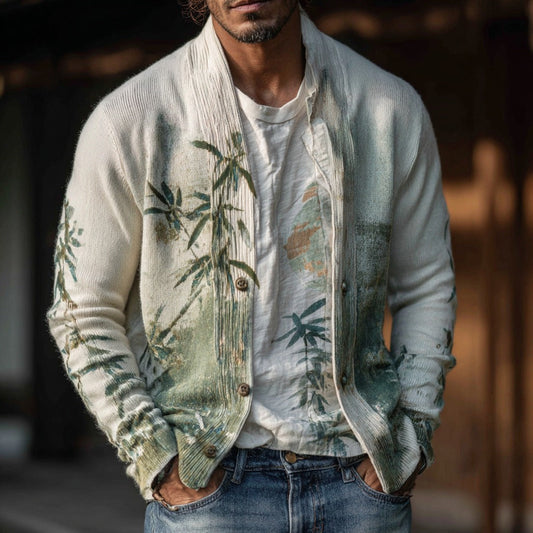 Men's Retro Japanese Bamboo Forest Art Knitted Cardigan Sweater elevenforest