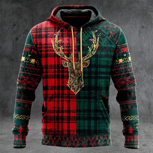 Comstylish Christmas Elk & Plaid Art Men's Knit Hooded Sweatshirt