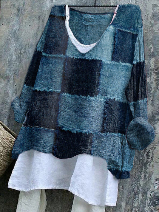Women's Denim Patchwork Vintage V-neck Shirt artswardrobe