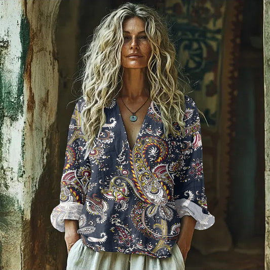 Paisley Art Print Cotton And Linen V-neck Loose Shirt artswardrobe