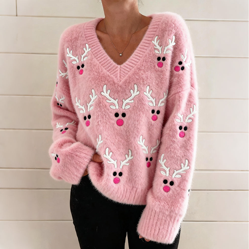 Comstylish Pink Christmas Reindeer Face Embroidered Plush Sweater