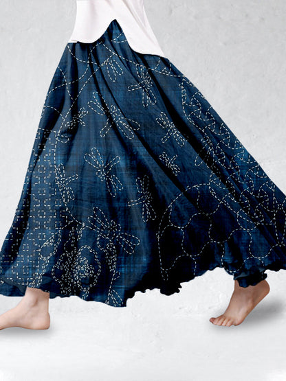 Comstylish Vintage Japanese Sashiko Linen Blend Flowy Wide Skirt
