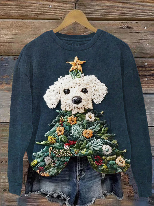 Comstylish Christmas Dog Embroidery Women's Crew Neck Sweatshirt