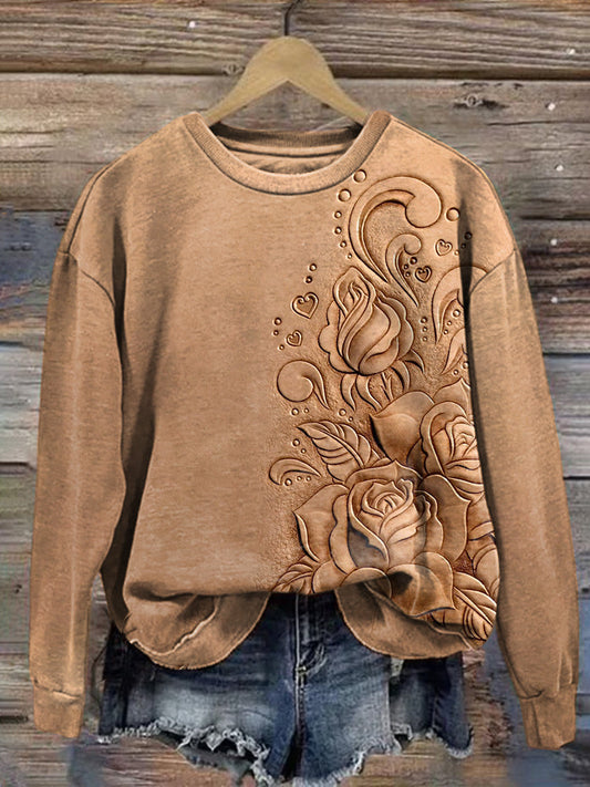 Comstylish Vintage Floral Leather Textured Cozy Sweatshirt