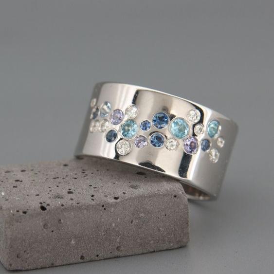 Inlaid Blue Crystals Silver Ring