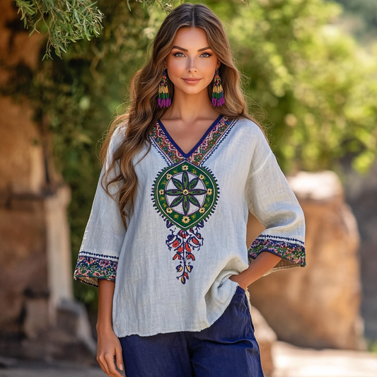 Women's Vintage Hippie Floral Linen Long Sleeve T-shirt artswardrobe