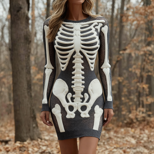 Comstylish Women's Vintage Halloween Skeleton Bones Comfortable Elegant Sweater Dress
