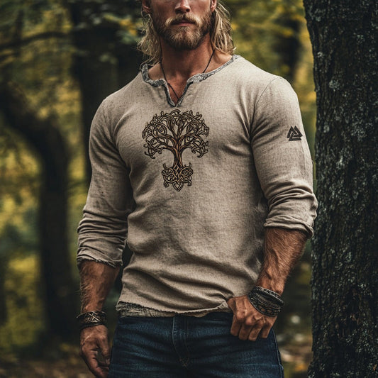 Vintage Viking Life Of Tree Celtic Mythology Linen Blend Loose V-neck Shirt artswardrobe