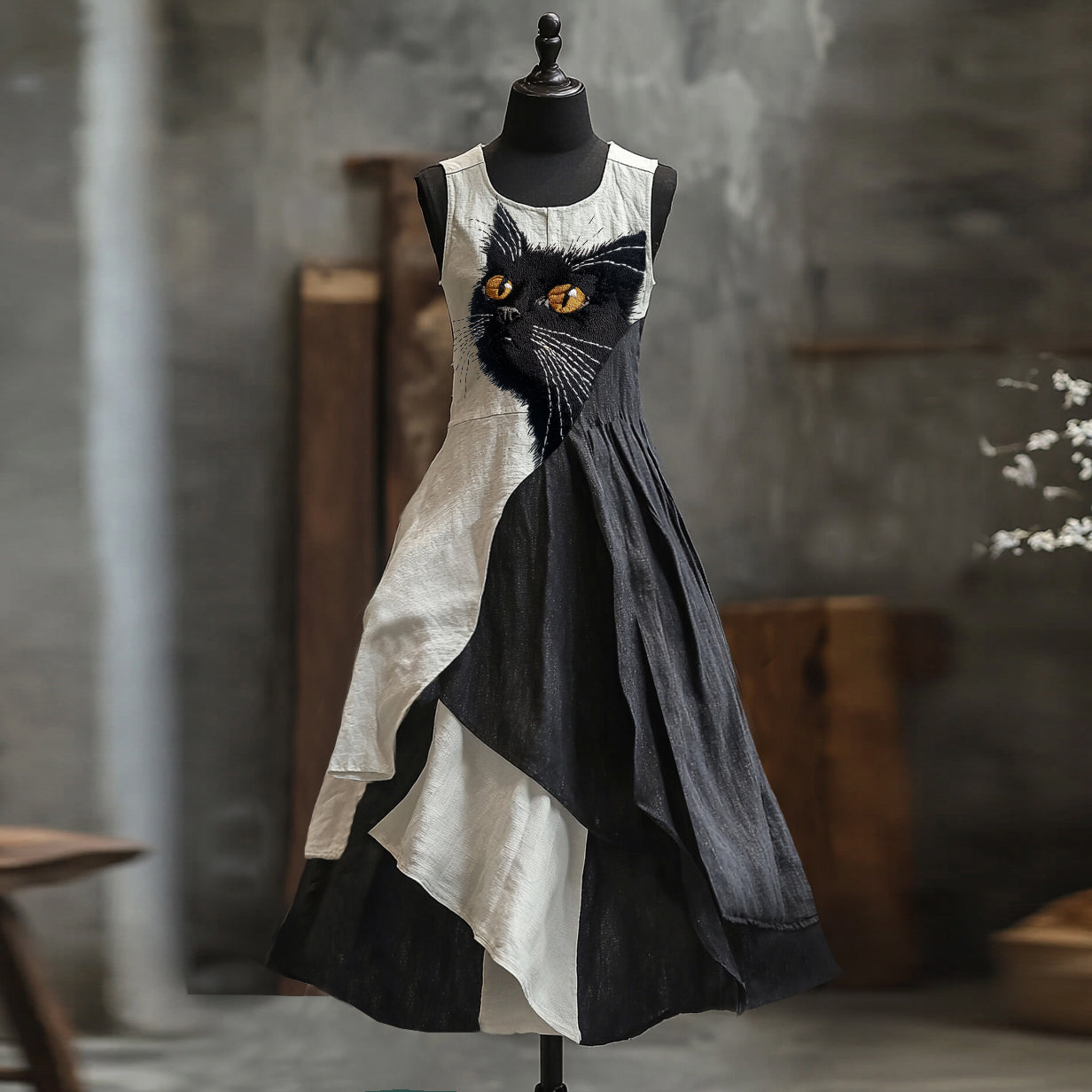 Cute Black Cat Embroidered Art Linen Contrast Color Sling Dress artswardrobe
