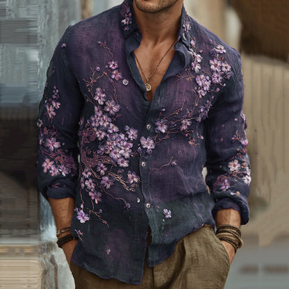 Men's Vintage Japanese Sakura Embroidered Art Lapel Long Sleeve Linen Shirt artswardrobe