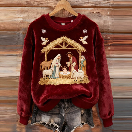 Comstylish Women's Vintage Nativity Night Pattern Casual Flannel Sweatshirt