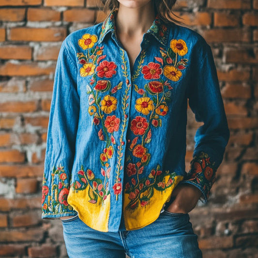 Comstylish Vintage Ukrainian Folk Floral Embroidered Contrast Color Shirt