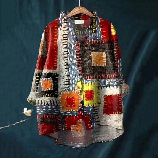 Comstylish Elegant Geometric Patchwork Pattern Art Linen Ruffle Shirt