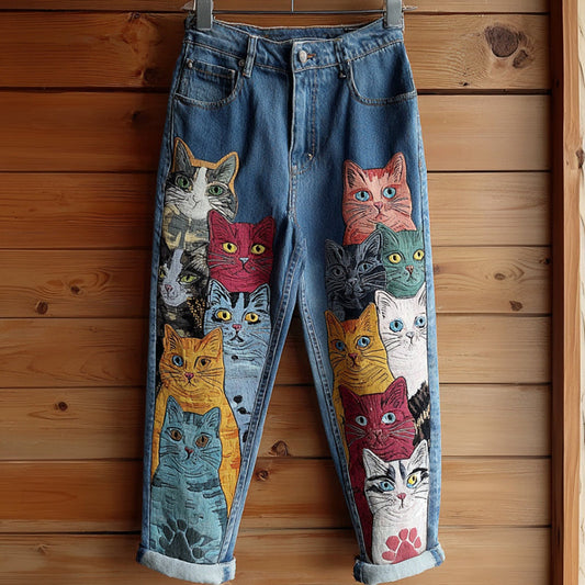 Comstylish Retro Colored Cat Embroidered Washed Jeans