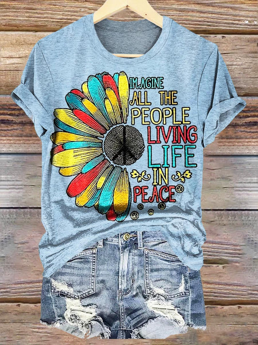 Women's Imagine All The People Living Life In Peace Print Crew Neck T-