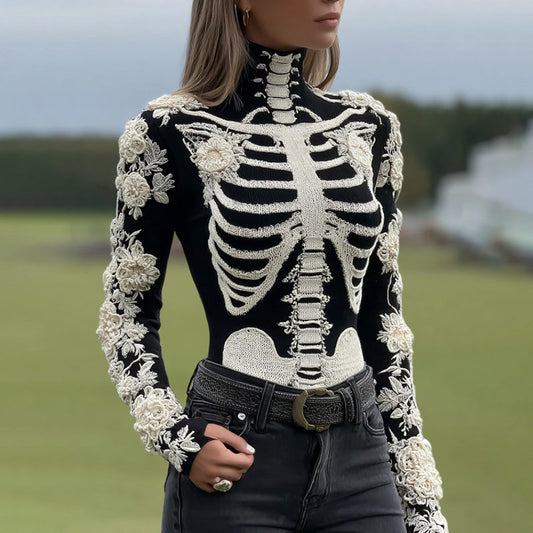 Comstylish Women's Vintage Skeleton & Rose Art Cozy Sweater