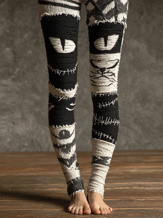 Comstylish Halloween Fun Cat Design Women's Knitted Leggings