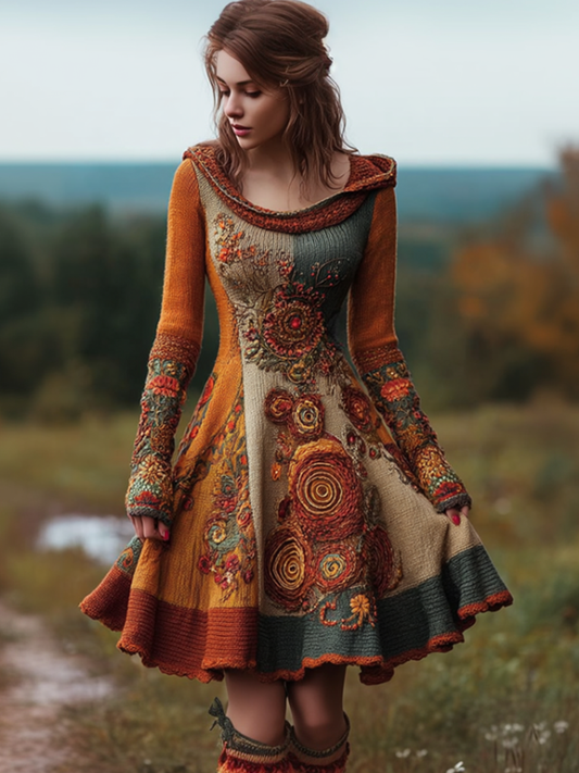 Comstylish Bohemian Style Autumn And Winter Warm Women's Hooded Knitted Sweater Dress