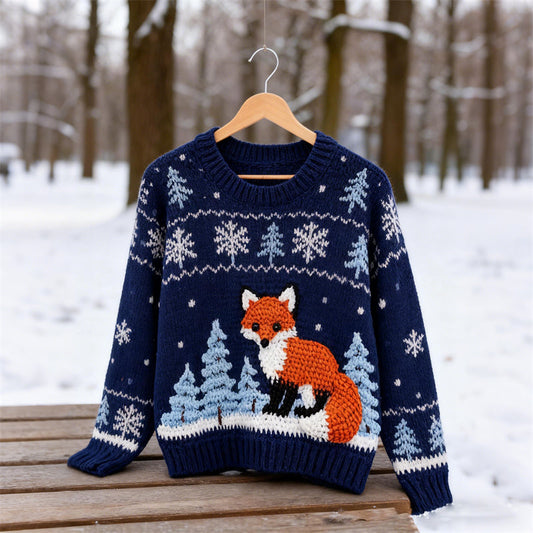 Comstylish Vintage Fox Snowing Forest Crochet Isle Sweater