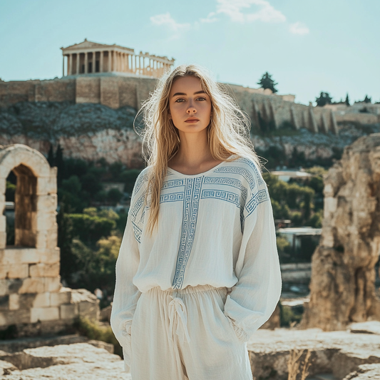 Comstylish Women's Greek Key Linen Crew Neck Shirt