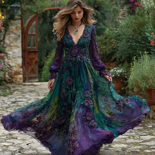Comstylish Women's Vintage Purple Floral Gradient Pattern Elegant V-neck Dress