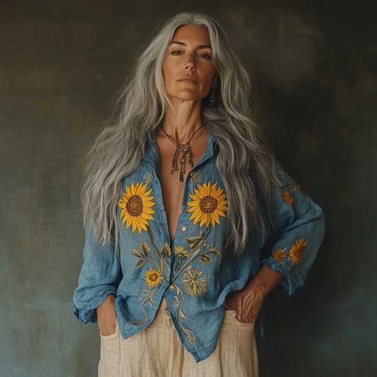 Bohemian Linen Floral With Ukraine Sunflower Art Print Long Sleeve Shirt artswardrobe
