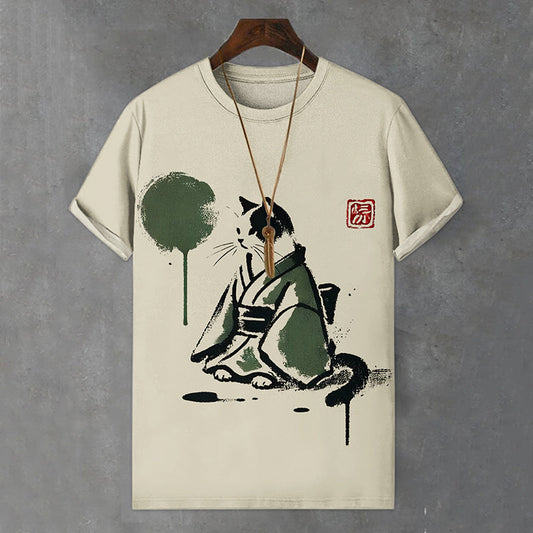 Men's Japanese Hot Black Cat Art Print Comfortable T-shirt elevenforest