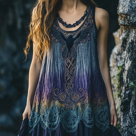 Raven Embroidered Vintage Lace Women's Linen Vest Dress artswardrobe