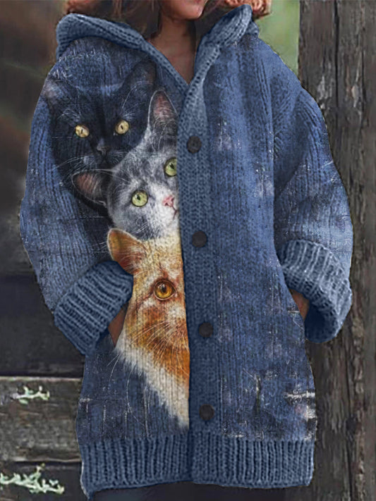 Fuzzy Cats Peeking Art Cozy Knit Hooded Cardigan elevenforest