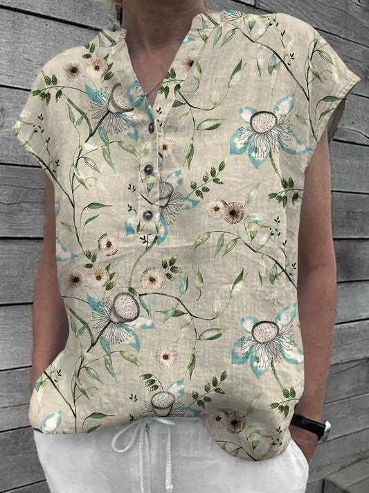 Women's Classic Floral Pattern V-Neck Cotton and LinenTop