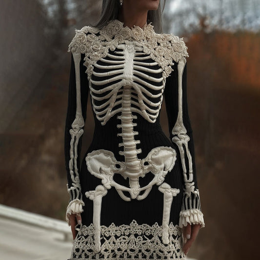 Comstylish Women's Halloween Skeleton Embroidered Gothic Dress