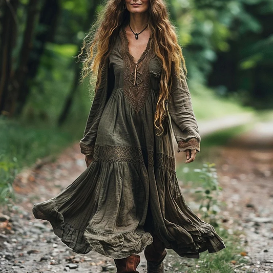 Vintage Bohemian Linen Ethnic  Long-sleeve Casual Maxi Long V-neck Dress artswardrobe