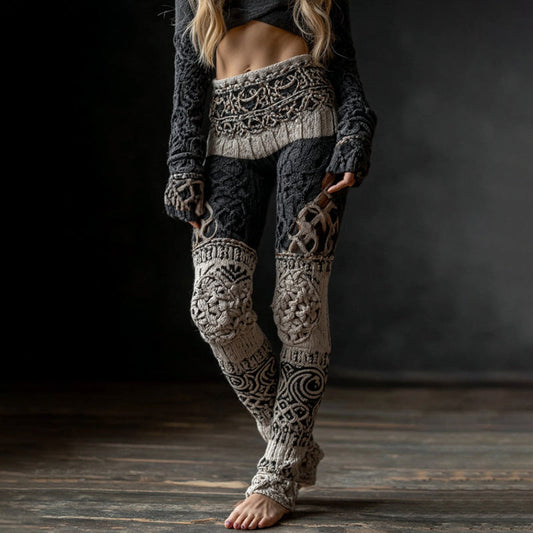 Vintage Viking Pattern Art Knit Cozy Casual Leggings artswardrobe