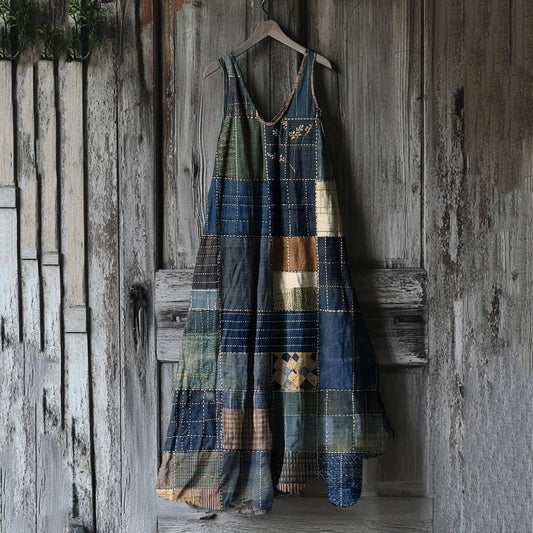 Comstylish Women's Vintage Geometric Patchwork Art Linen Vest Dress