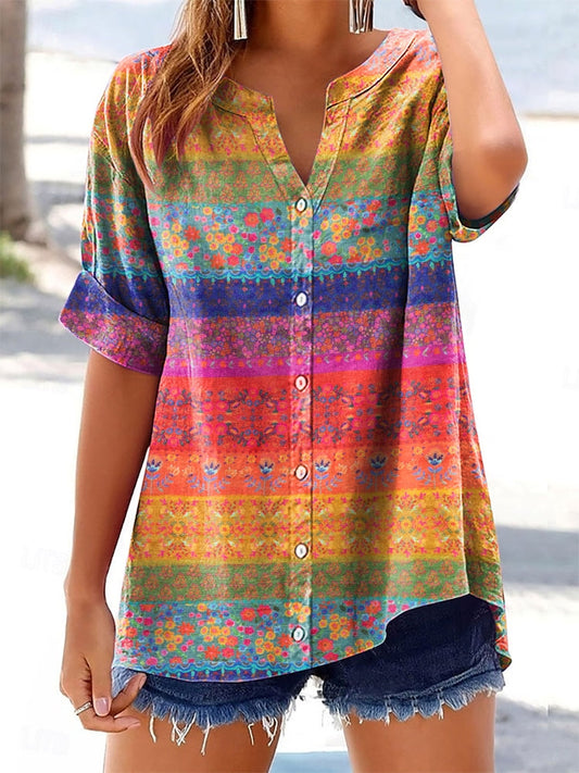 Women's Colorful Bohemian Floral Collage Art Print Short Sleeve Cotton